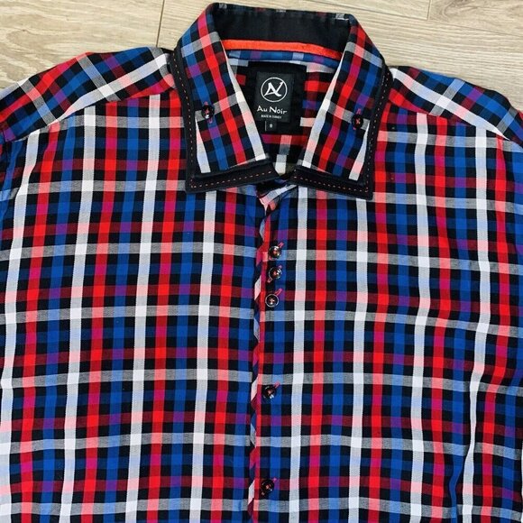 Au Noir Mens Button Down Shirt Sz 8 4XL plaid RedBlue Long Sleeve Cufflink Shirt - Picture 2 of 15